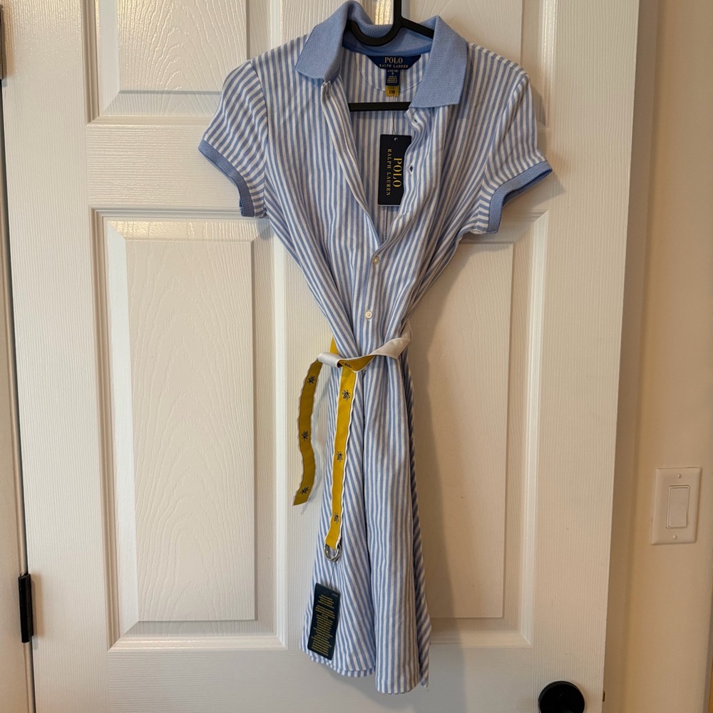 Ralph Lauren Blue and White Striped Polo Shirt Dress with Yellow Belt